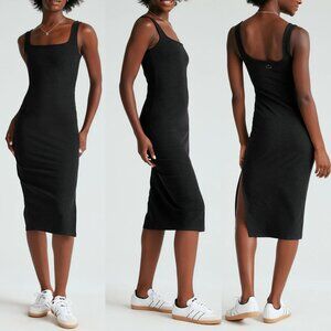 Beyond Yoga Spacedye Icon Midi Dress Black S Square Neck Shelf Bra Bodycon $122